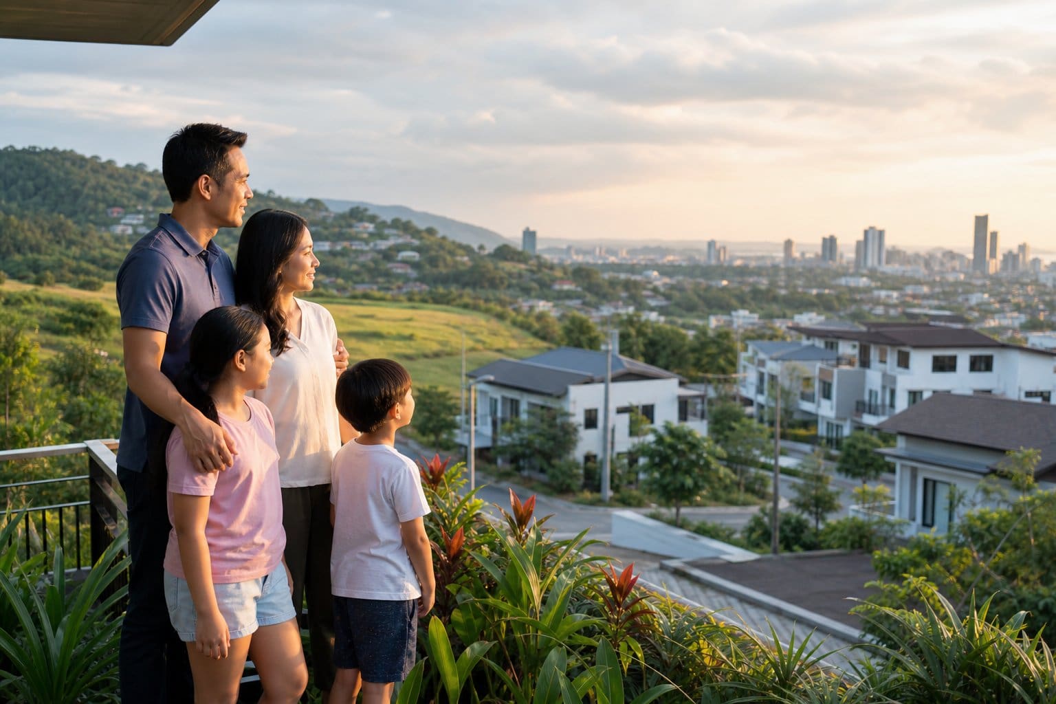 A Filipino family stands outside a home overlooking contrasting green suburban and urban residential areas.