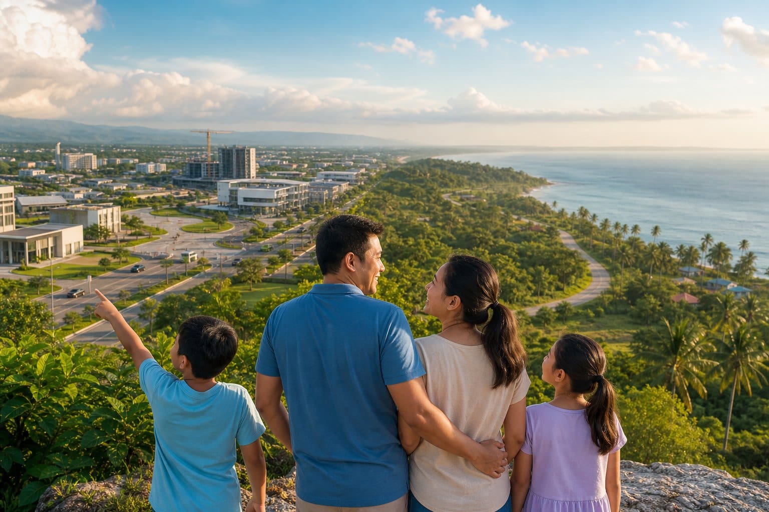 A Filipino family views a modern suburban area and a lush coastal landscape from a scenic overlook.