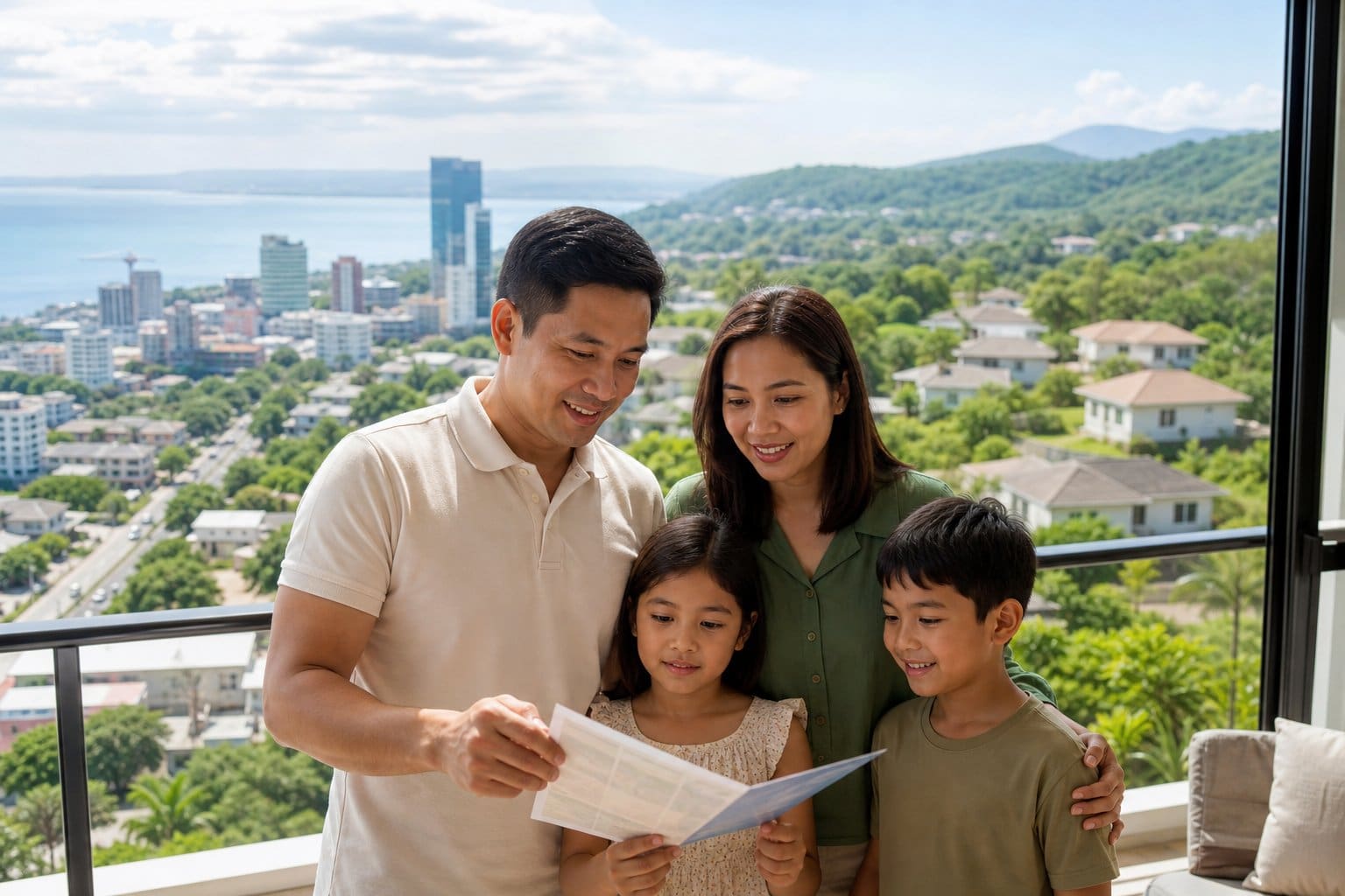 A Filipino family stands together overlooking a city and a greener suburban landscape.