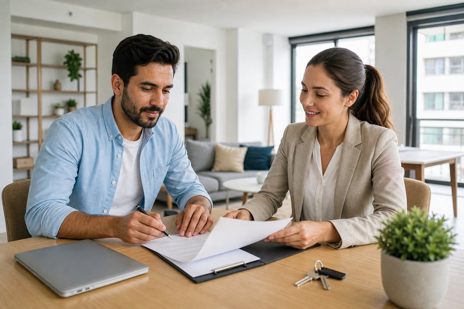 A business professional and leasing agent review a rental agreement in a modern apartment.
