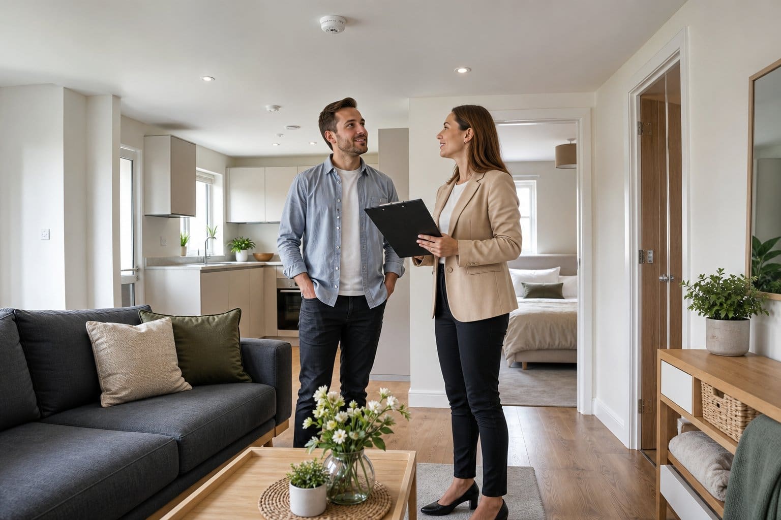 A property manager and business professional review a clean, furnished home prepared for corporate staff housing.
