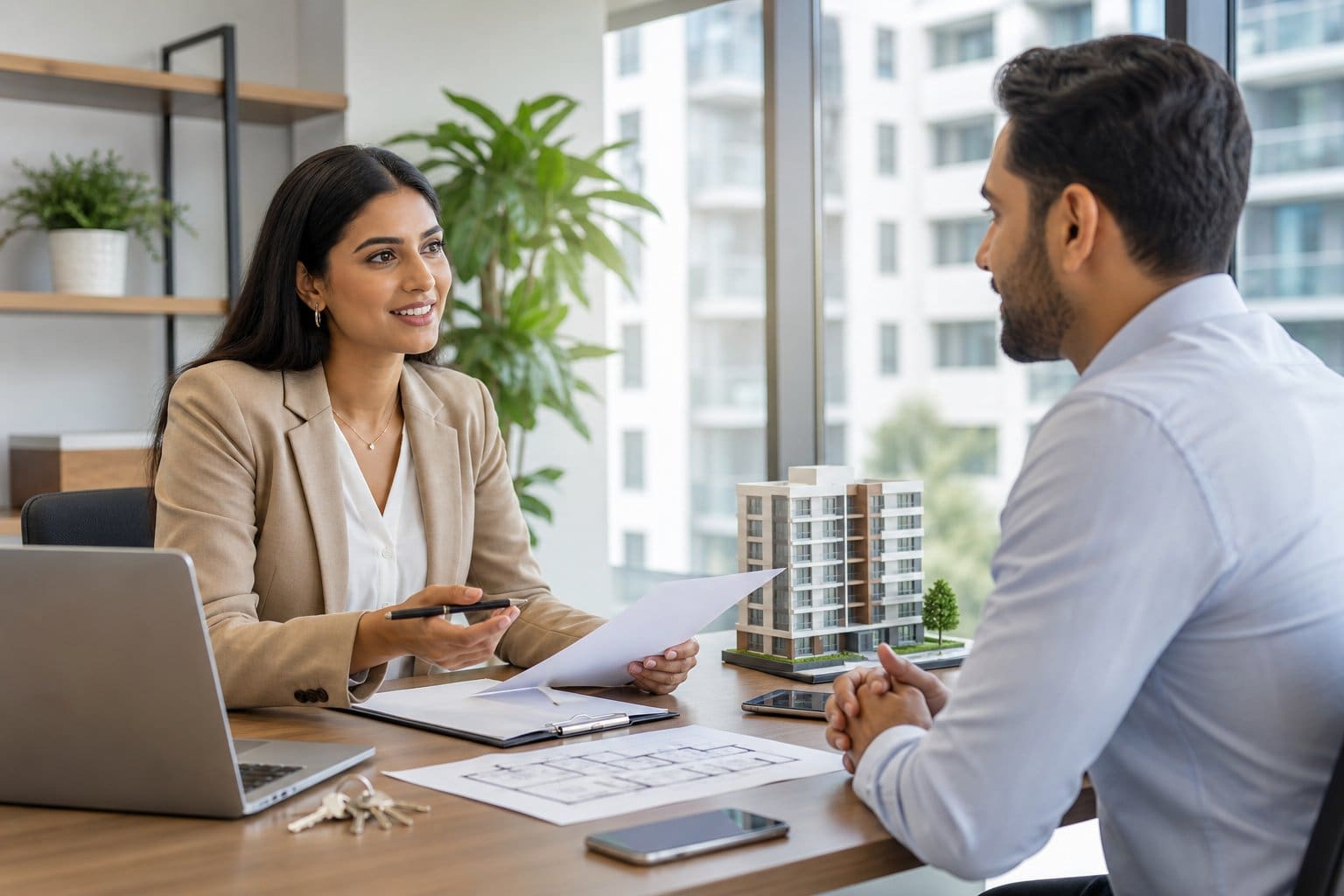 A property manager and business representative discuss a lease agreement for corporate housing in a modern office.