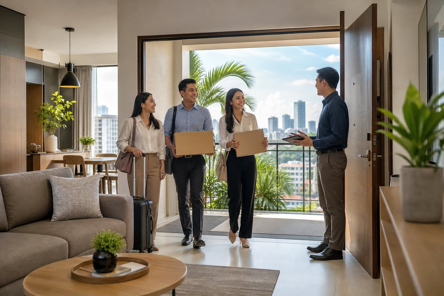 A property manager welcomes business professionals arriving at a modern Cebu apartment with luggage and moving boxes.