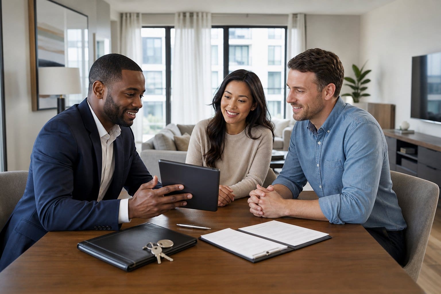 Professionals discussing a corporate apartment rental around a table in a modern furnished apartment.