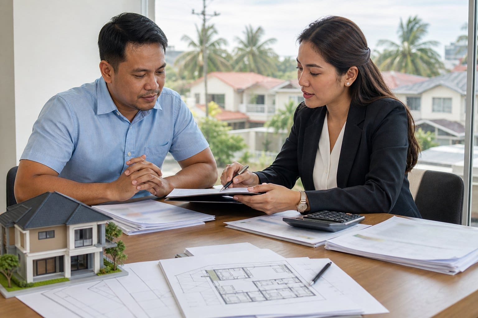 A Filipino buyer and real estate professional review property and financial documents beside a calculator and house plan.