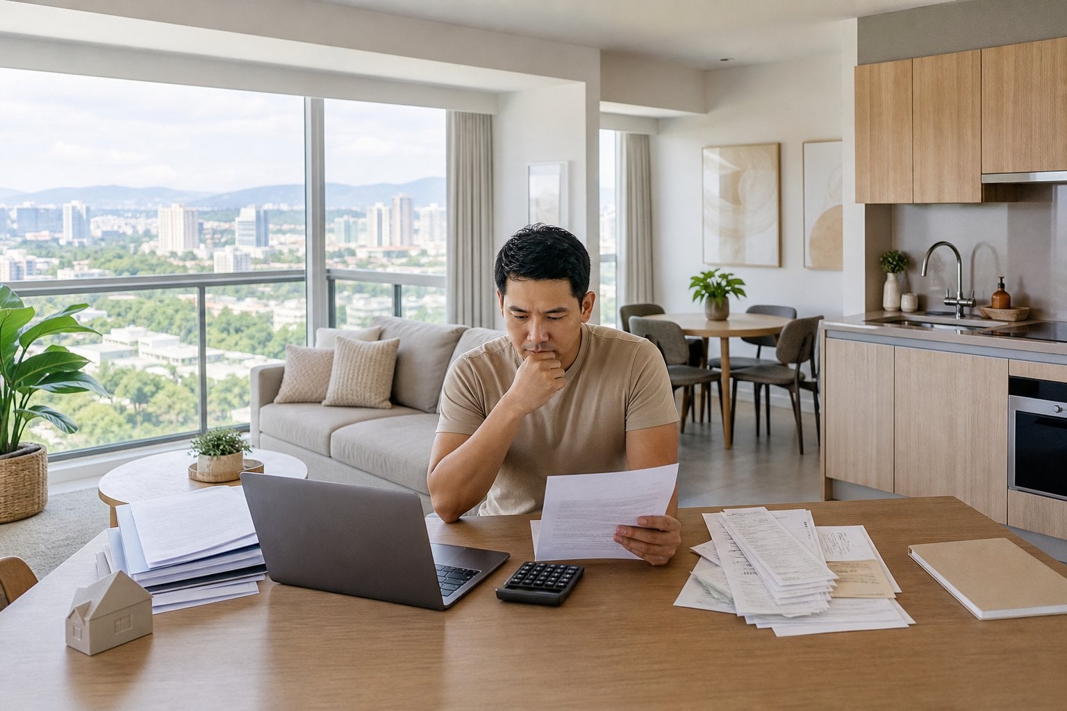 A property investor reviews rental income and expense documents at a table inside a modern Cebu condominium overlooking the city.