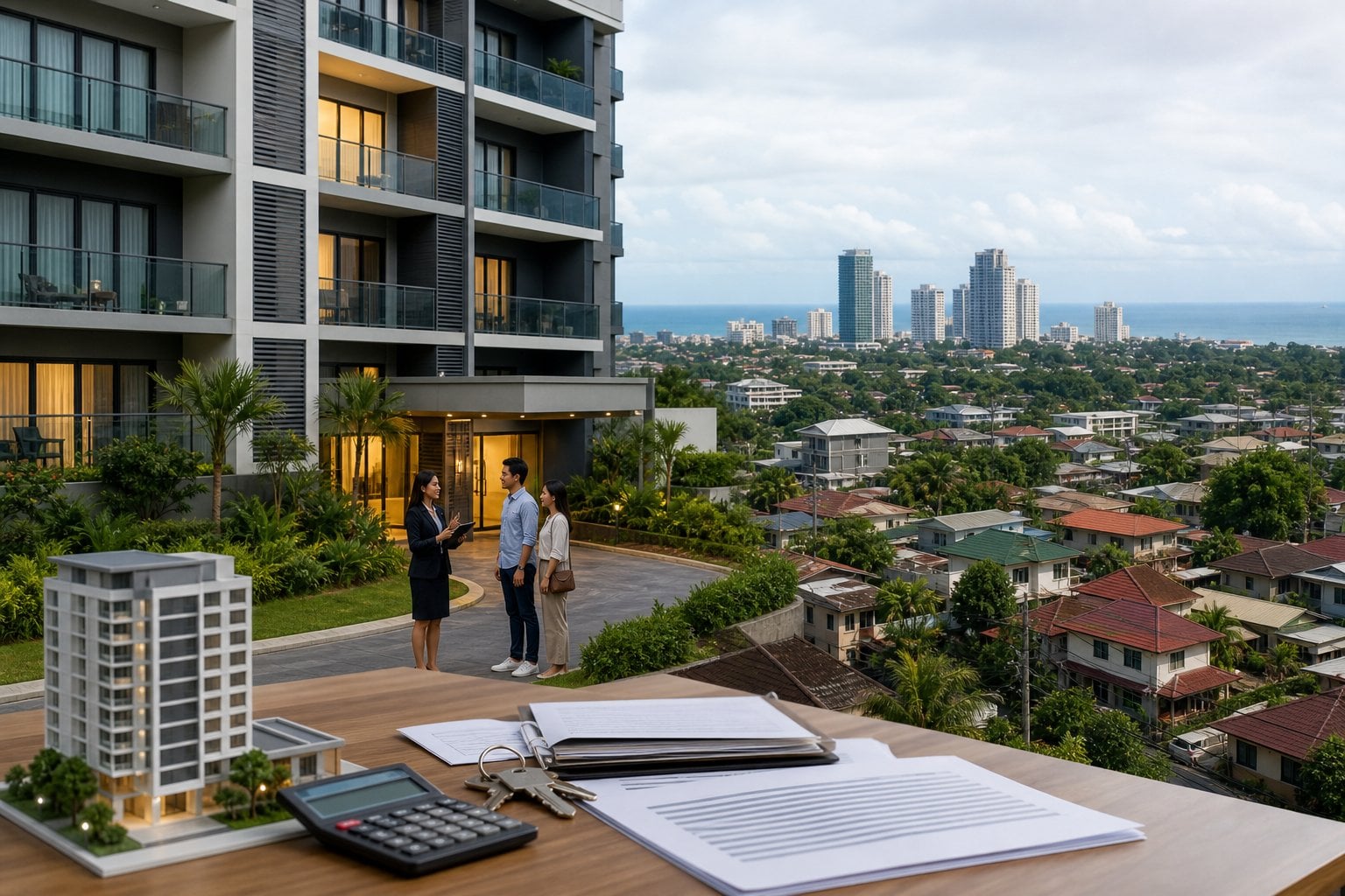 A modern condominium development in Metro Cebu with a real estate viewing scene and property investment materials in the foreground.
