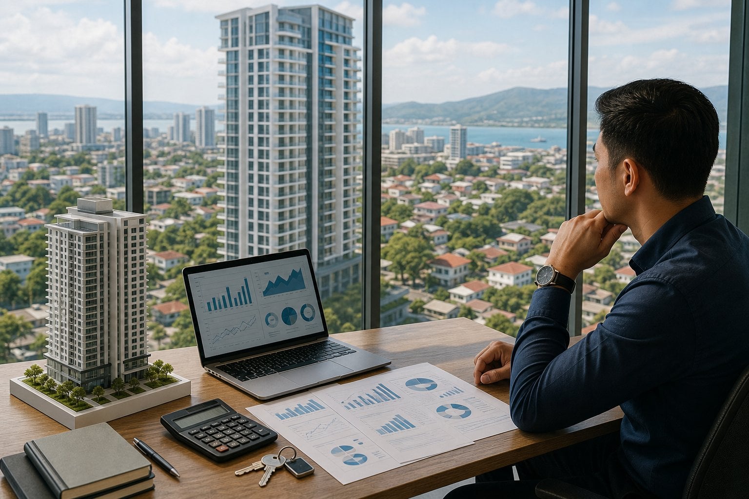 A property investor reviews a condominium investment scene overlooking Cebu City, with a laptop, calculator, keys, and building model on a desk.