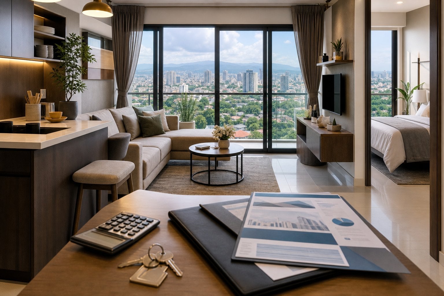 A bright modern condominium rental unit overlooking the Cebu city skyline, with property keys and financial papers on a table.