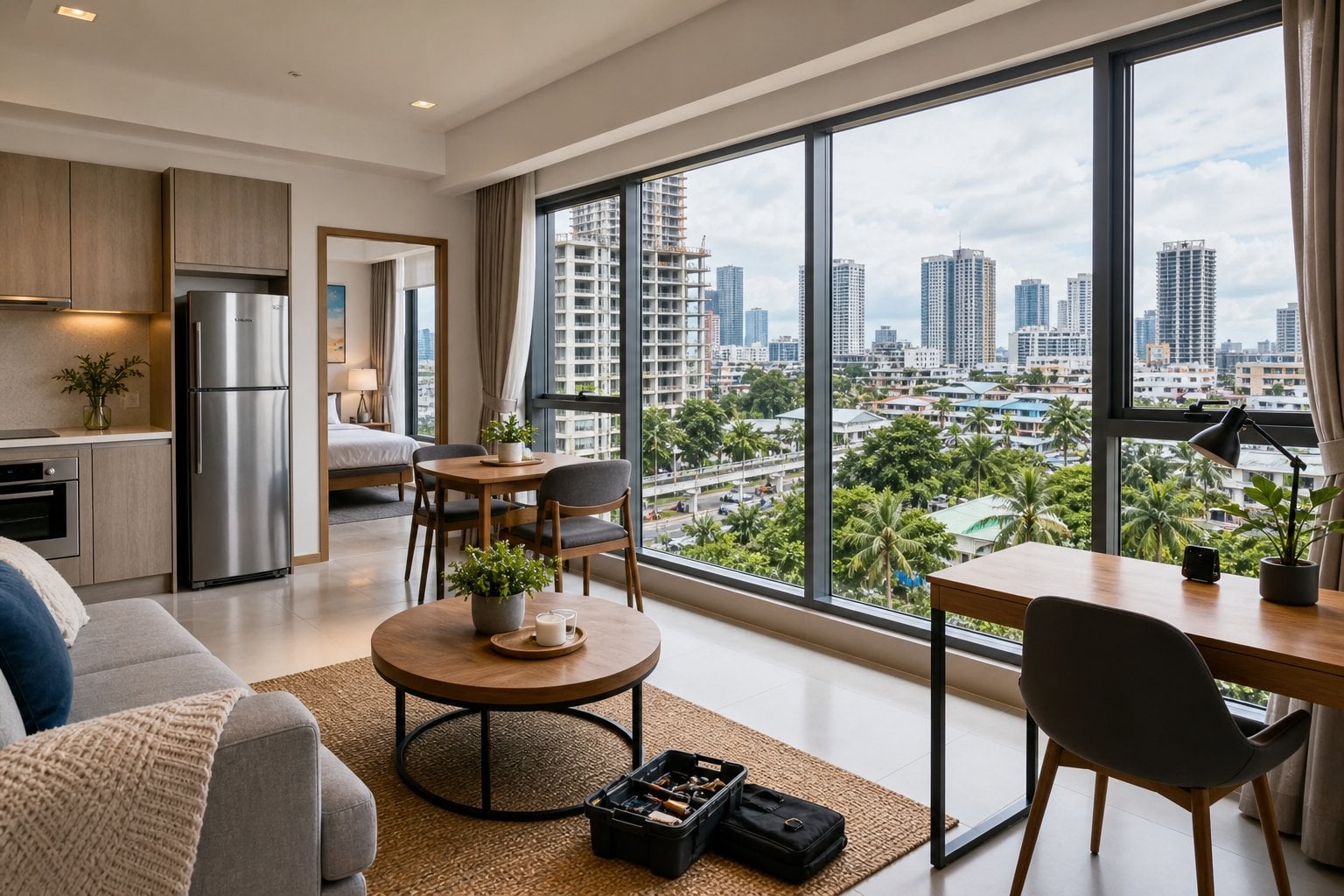 A furnished Cebu condominium interior overlooking a tropical urban skyline.
