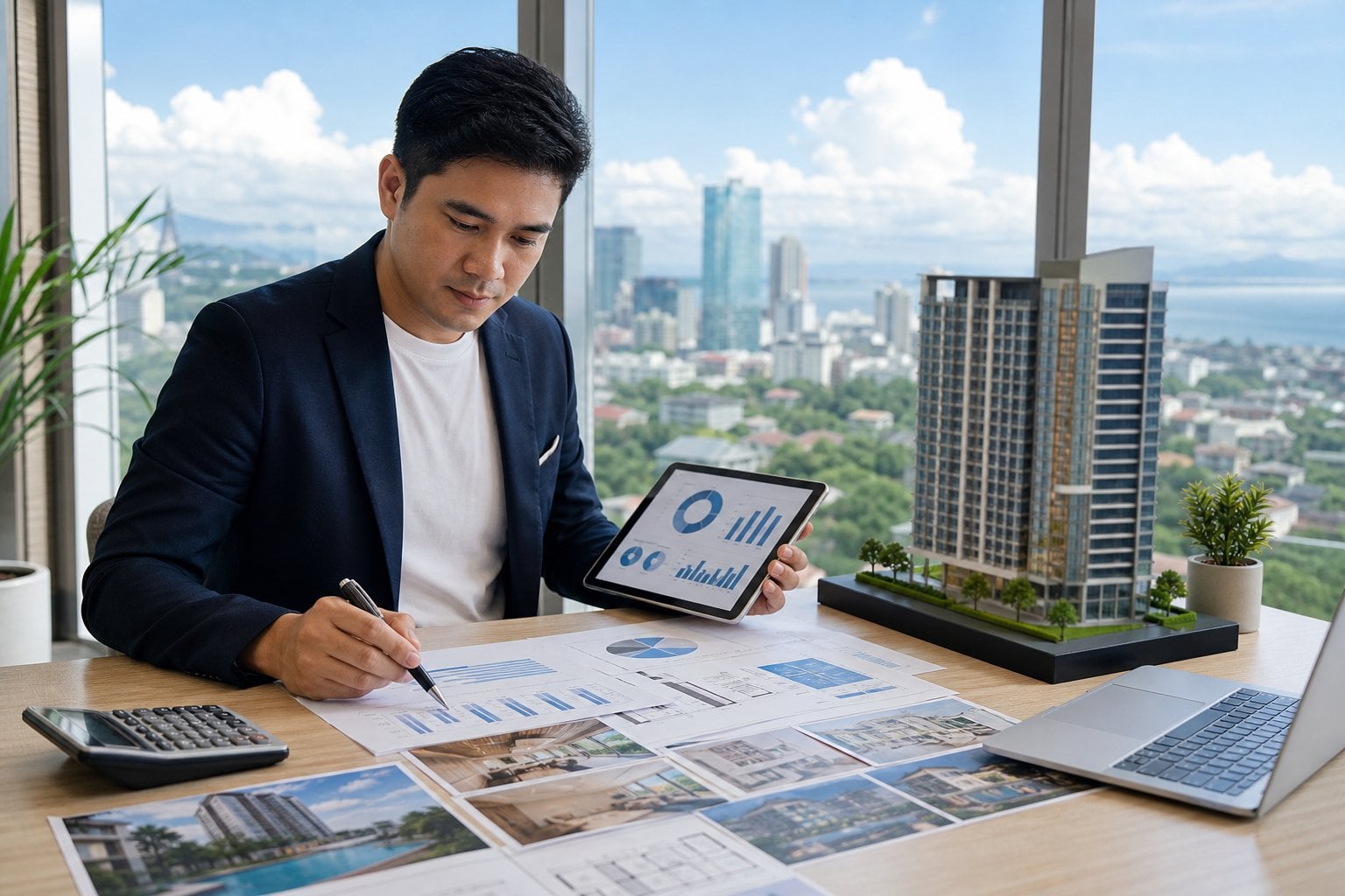 A Filipino property investor reviews rental documents and financial charts at a desk with a Cebu city skyline in the background.