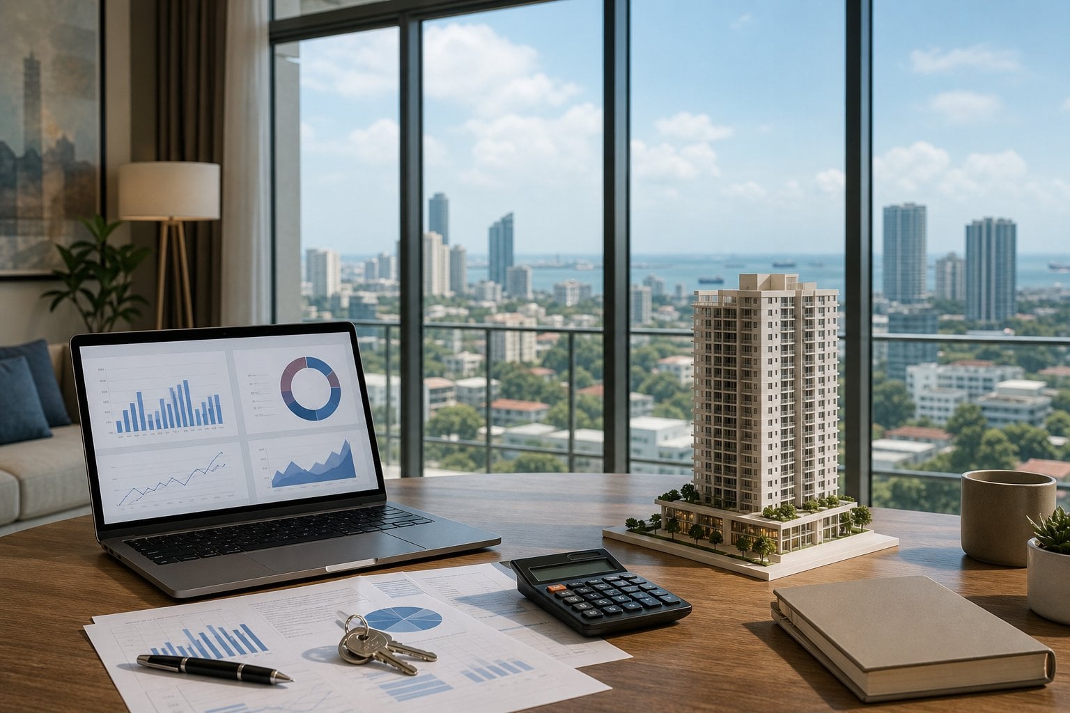 A condominium investment workspace overlooking the Cebu City skyline.