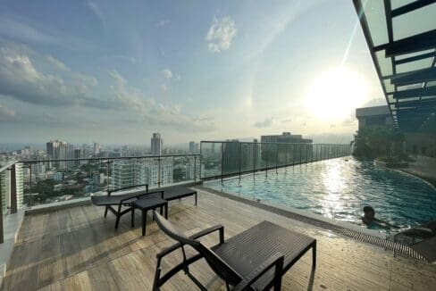 Rooftop infinity pool at sunset with city views