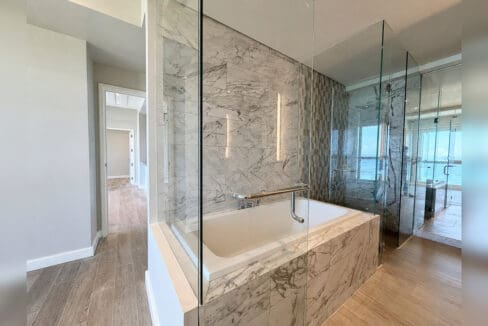 Master bath with soaking tub and glass-enclosed rain shower
