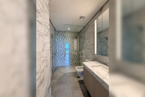 Marble bathroom with walk-in shower and bidet