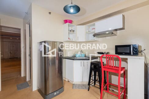 Kitchen with white upper cabinets, range hood, sink, microwave and portable hob
