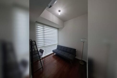 Room with a sofa bed, floor lamp and shelving beside zebra blinds.