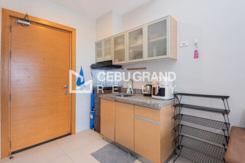 Kitchenette with frosted-glass upper cabinets, range hood and granite counter with sink