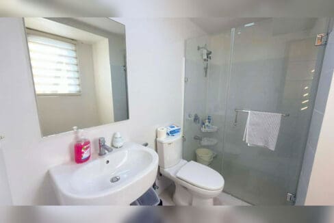 Bathroom with glass-enclosed shower, water heater, wall-hung basin and toilet
