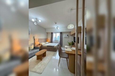 Studio layout with the bed, sofa and dining nook behind a slatted timber divider