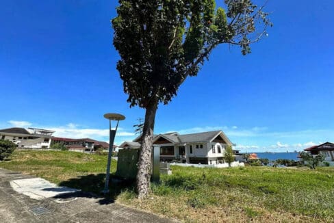 Street frontage of the 411 sqm sea view lot in Liloan with mature tree, street lamp, and utility pedestal at Amara Residences