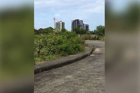 Concrete subdivision road with curbs beside the vacant lot, with high-rise towers in the distance