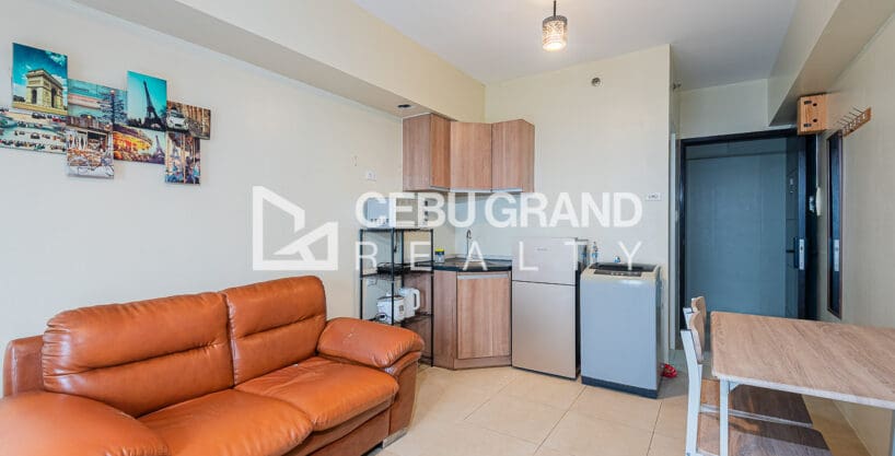 Leather sofa facing the kitchen corner and the entry door of the Avida Riala studio