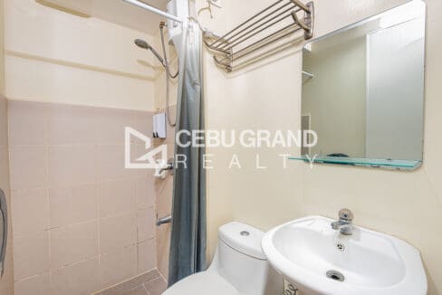 Bathroom with a tiled shower area, handheld shower, water heater, towel rack and mirror above the basin
