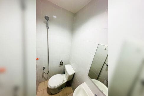 Second bathroom with handheld shower, wall-hung basin and mirror