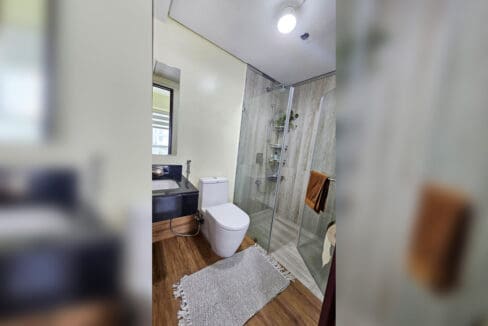 Bathroom with glass shower enclosure, stone-top vanity and bidet spray