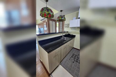 Kitchen counter with stainless sink, black granite top and hanging wine-glass rack