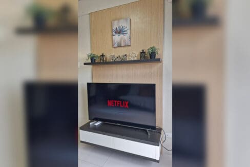 Wall-mounted flatscreen TV on a timber feature panel in the 2BR at Soltana Nature Residences