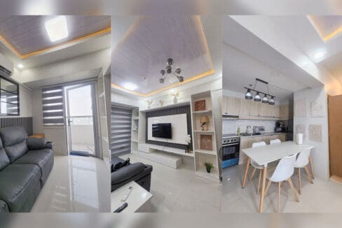 Living area with recliner sofa, balcony door, built-in TV wall and dining area under cove-lit ceilings