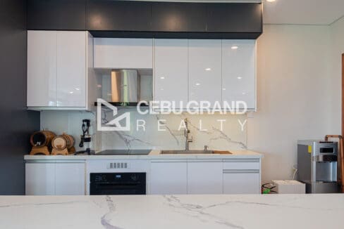 Kitchen run with range hood, induction hob and wall oven under stone counters
