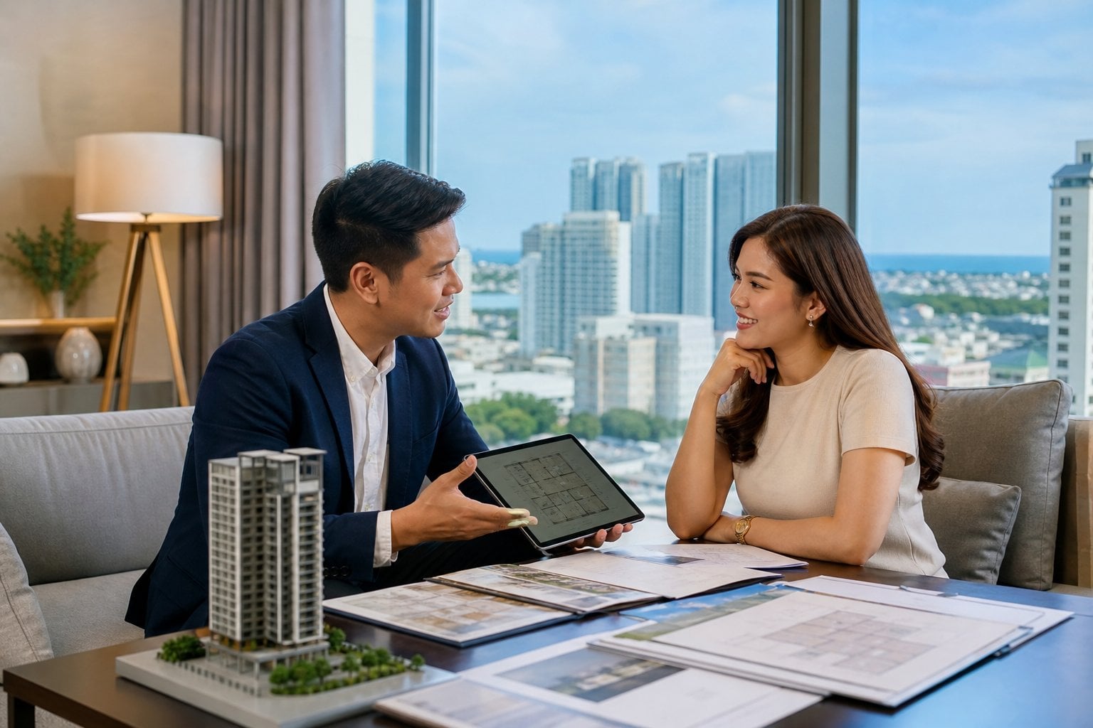 A trusted real estate advisor discusses a property with a client in a bright Cebu office overlooking the city.