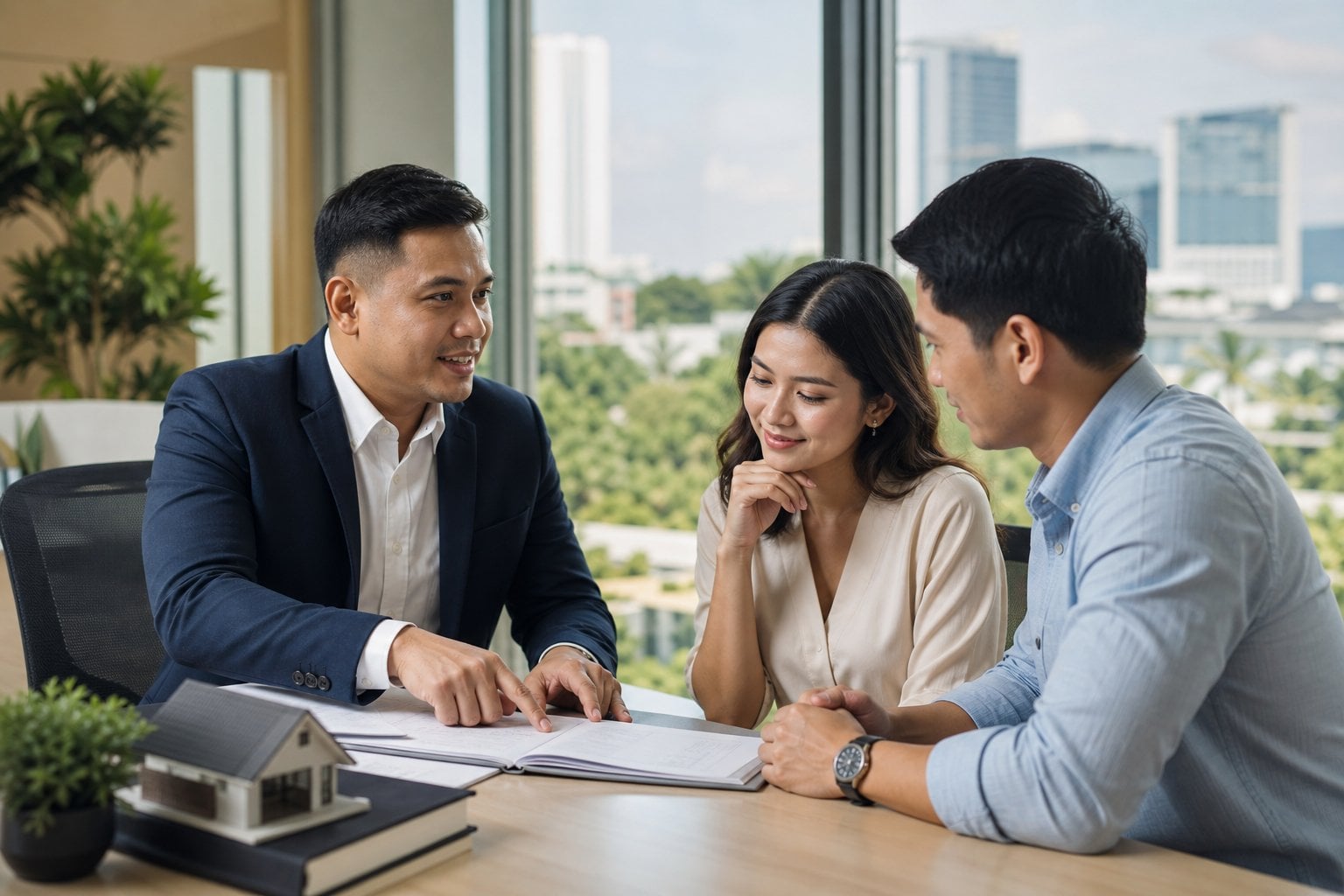 A Filipino real estate advisor discusses property documents with a couple in a bright modern office.