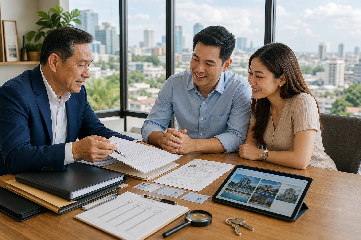 A real estate professional reviews property documents with clients at an office table.