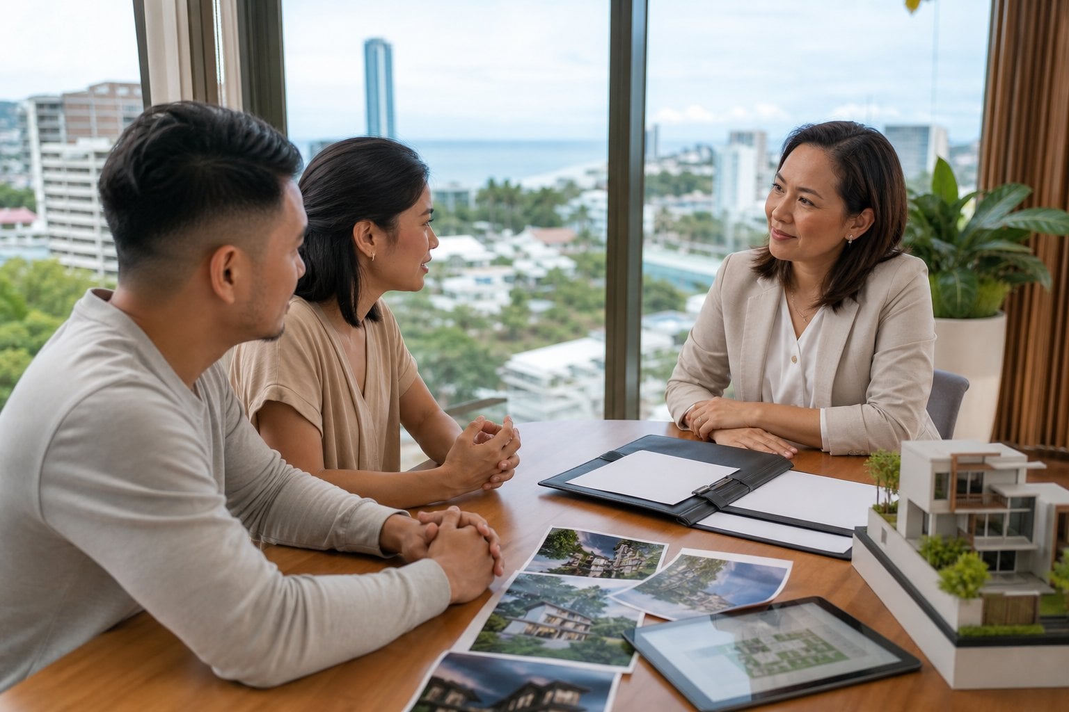 A real estate adviser listens attentively to a couple in a bright Cebu office with property materials on the table.