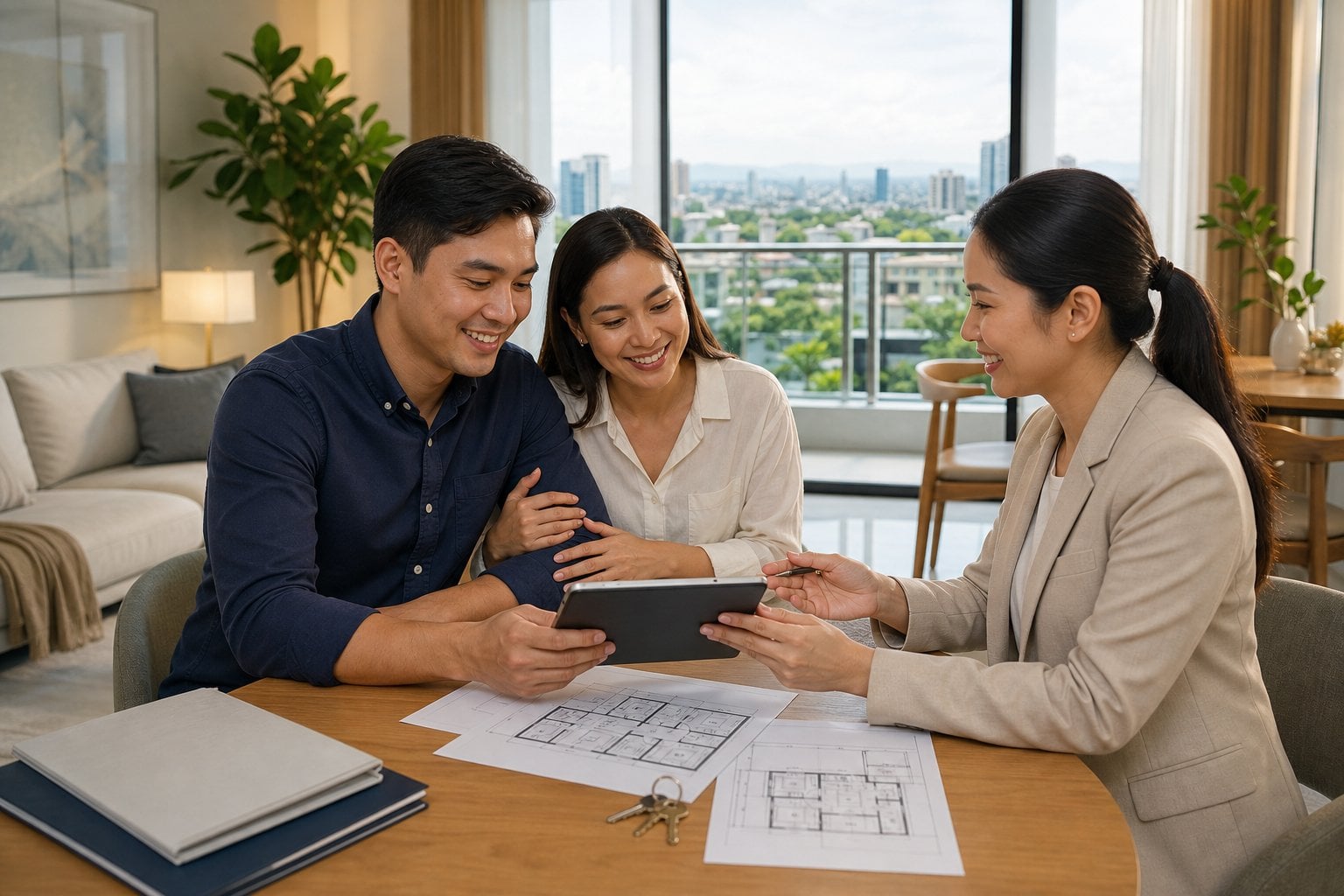 A Filipino real estate professional meets with a couple in a bright home while discussing property documents and keys.
