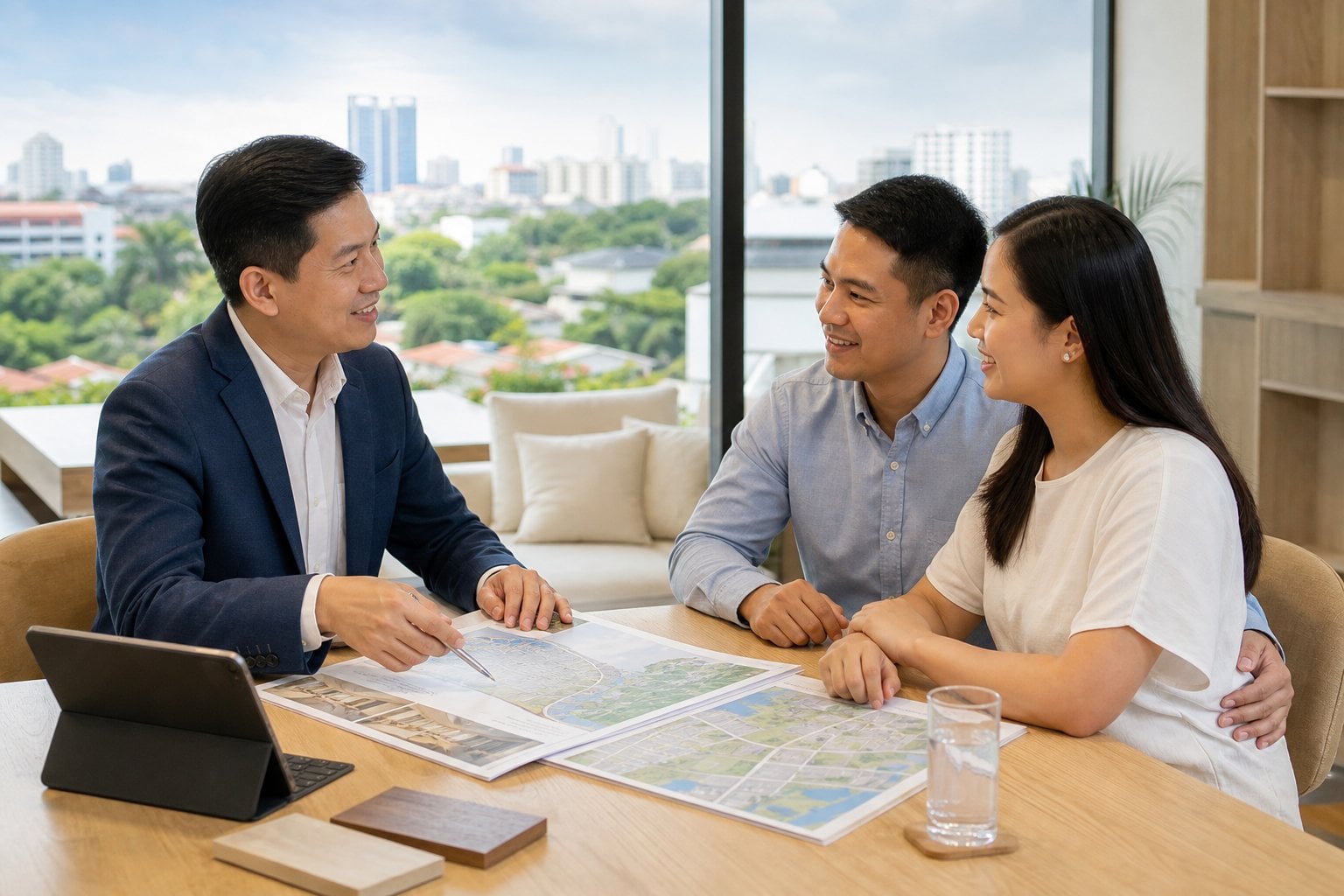 A real estate adviser discusses property plans with a Filipino couple in a bright office overlooking Cebu.