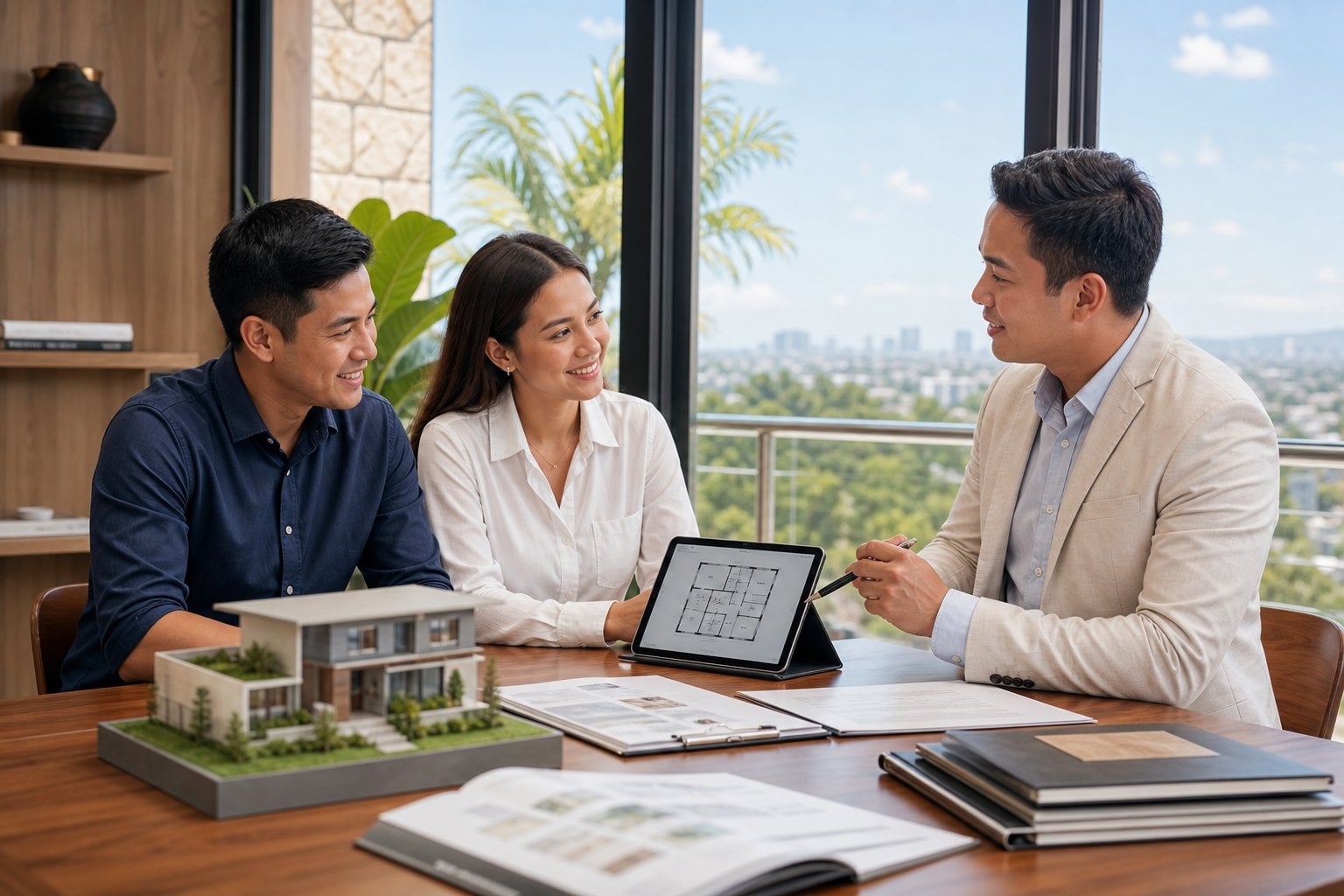 A real estate professional meets with clients in a bright office to discuss a home purchase.