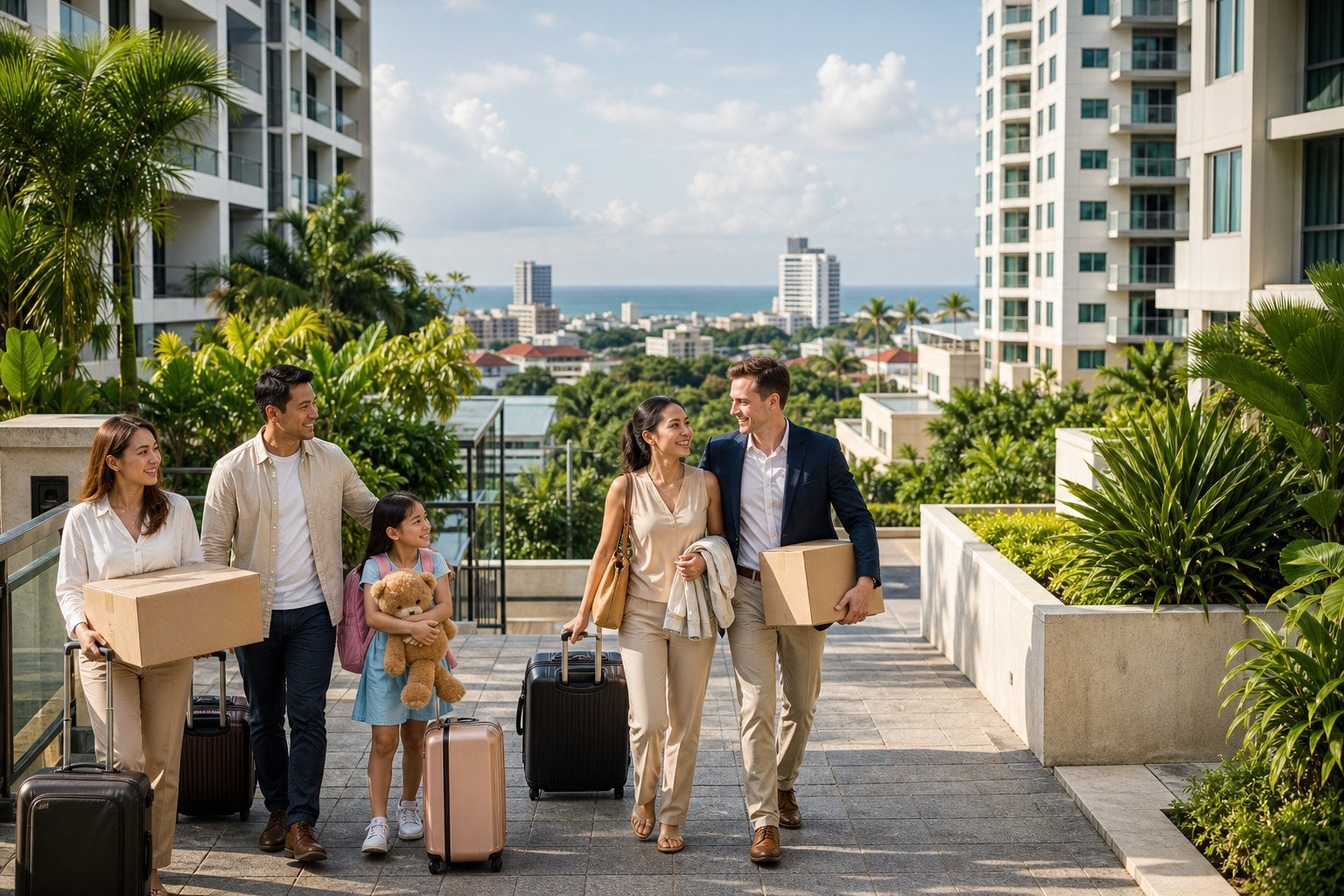 A diverse family and international couple arrive with luggage in a sunny modern Cebu neighborhood near the coast.