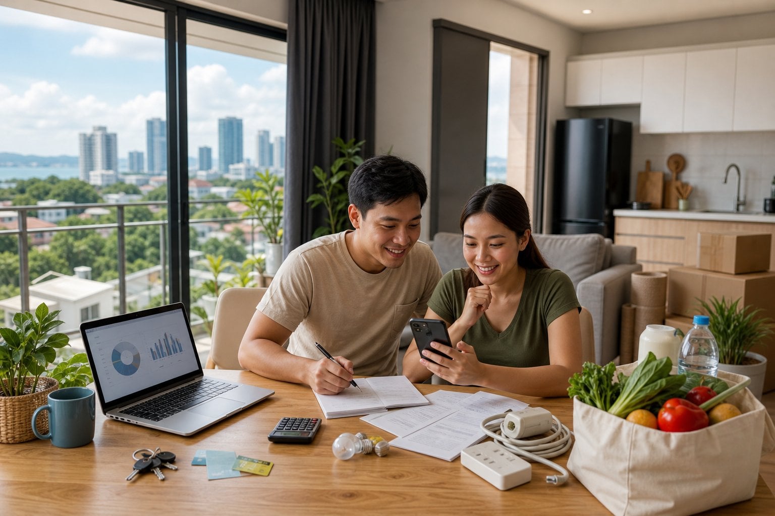 A couple reviews household expenses in a bright Cebu apartment overlooking a tropical cityscape.