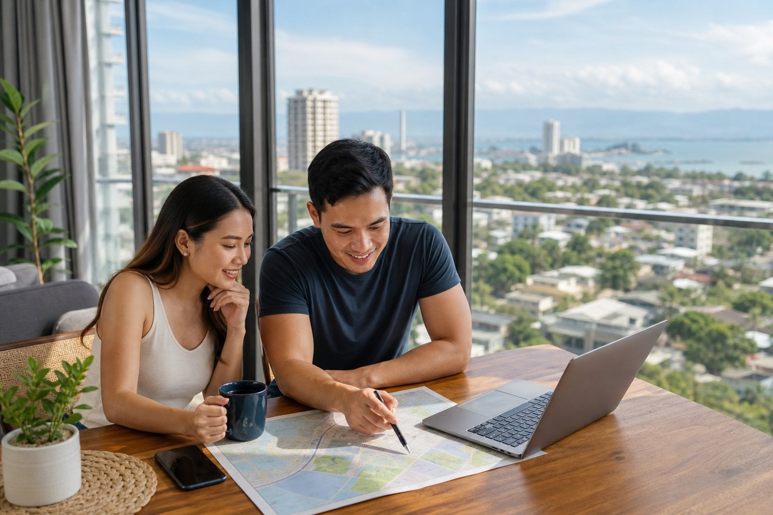 A newcomer reviews a neighborhood map and commute options in a bright Cebu apartment overlooking a tropical urban landscape.