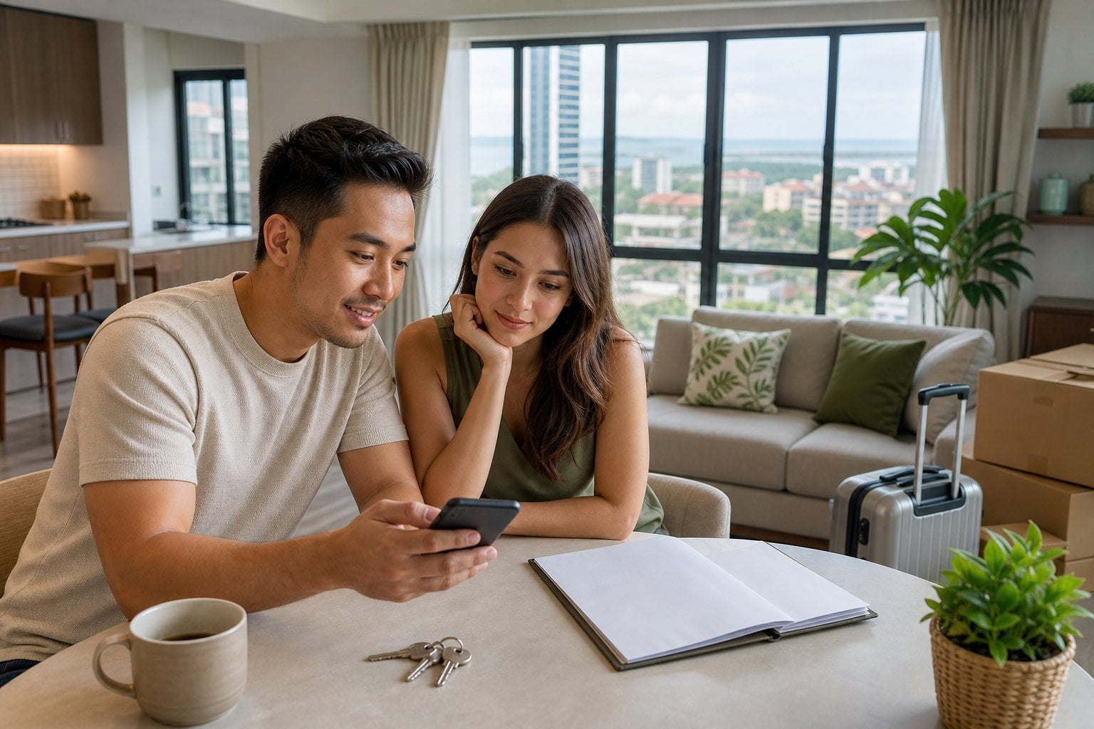 A newcomer reviews rental options in a modern Cebu apartment beside keys, a phone, luggage, and moving boxes.