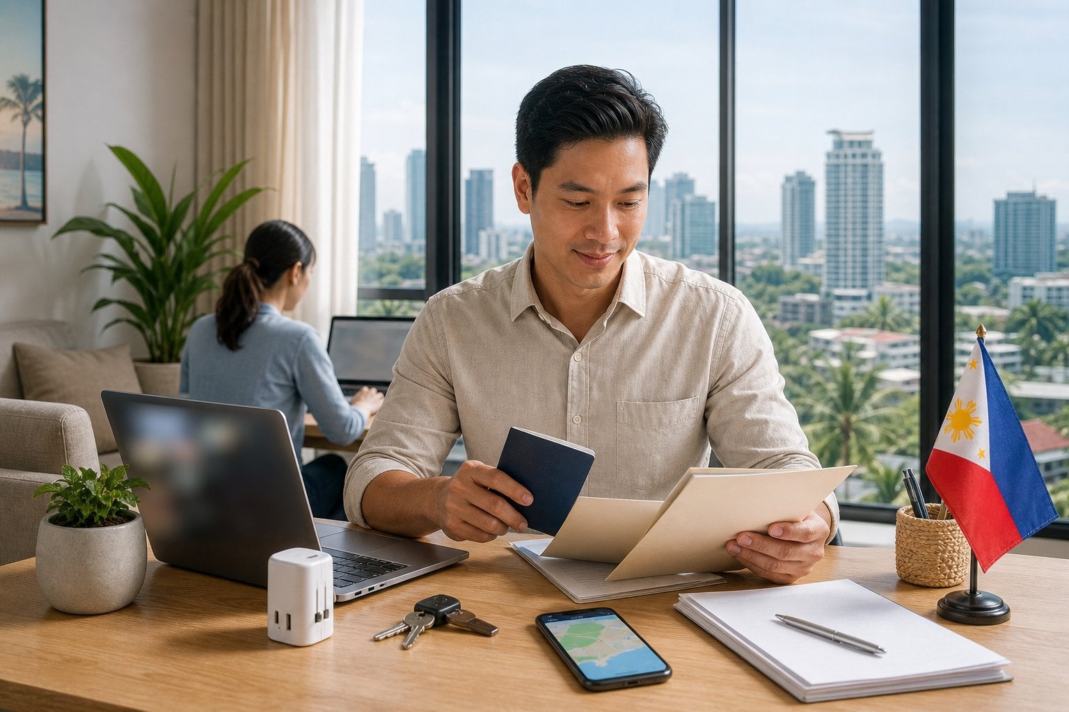 A professional newcomer organizes a passport, visa folder, laptop, keys, and travel essentials in a bright Cebu apartment.