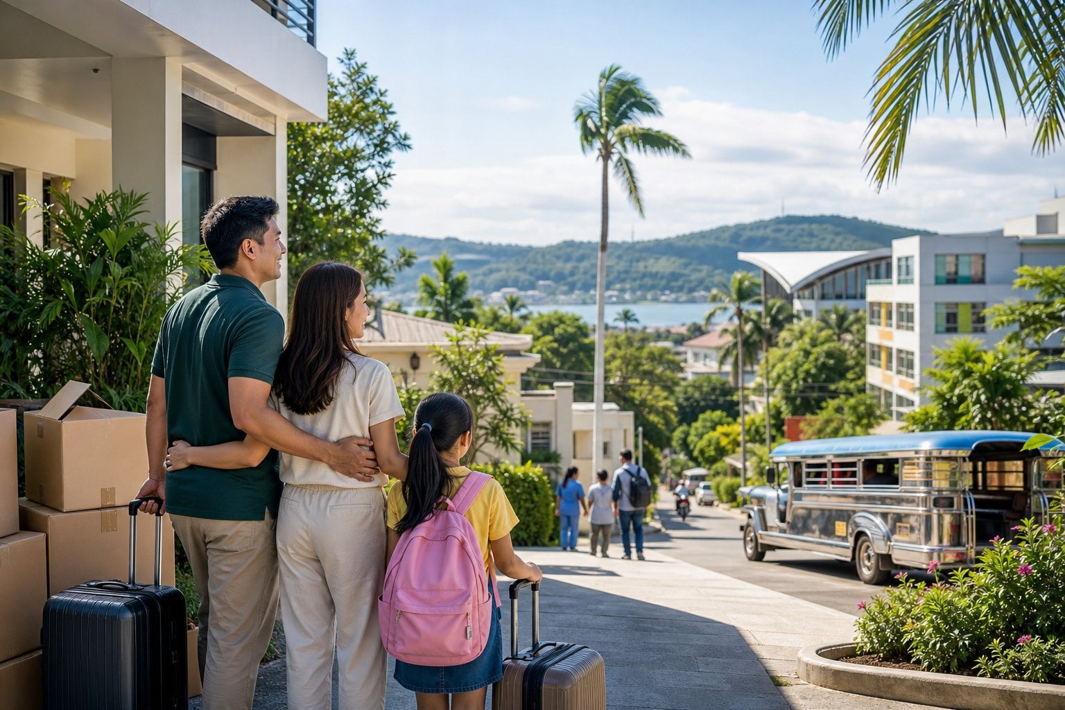 A family with moving boxes stands in a sunny Cebu neighborhood with tropical greenery, homes, and public transport nearby.