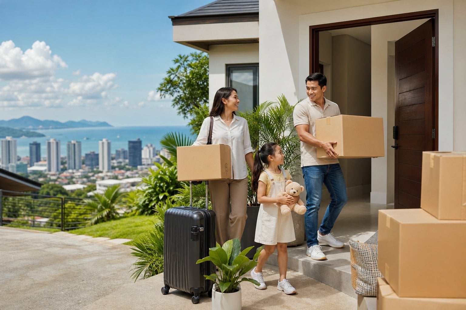 A family carrying luggage and moving boxes into a bright new home in Cebu.