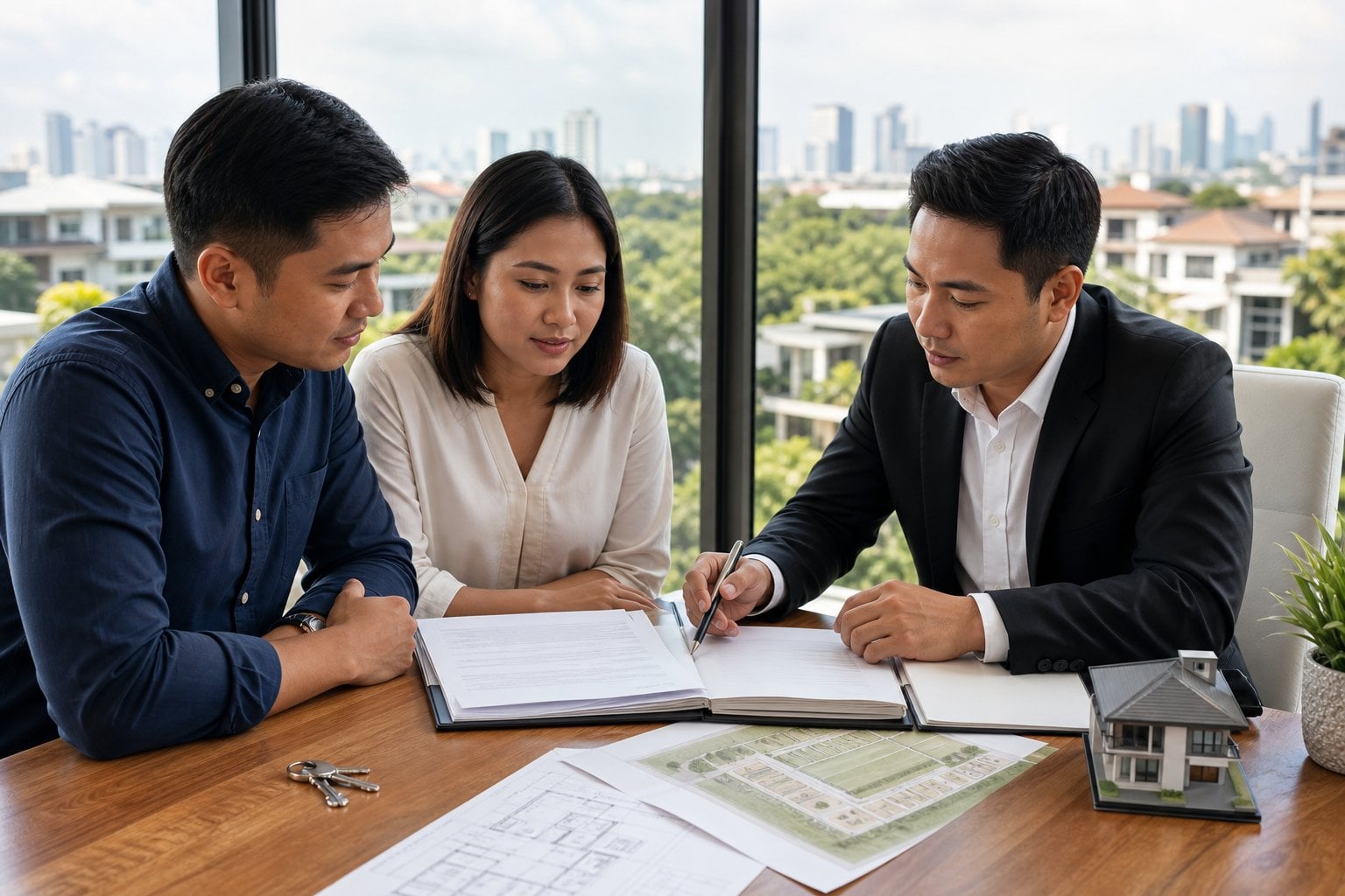 A Filipino couple reviews property documents with a real estate attorney while house keys sit on the table.