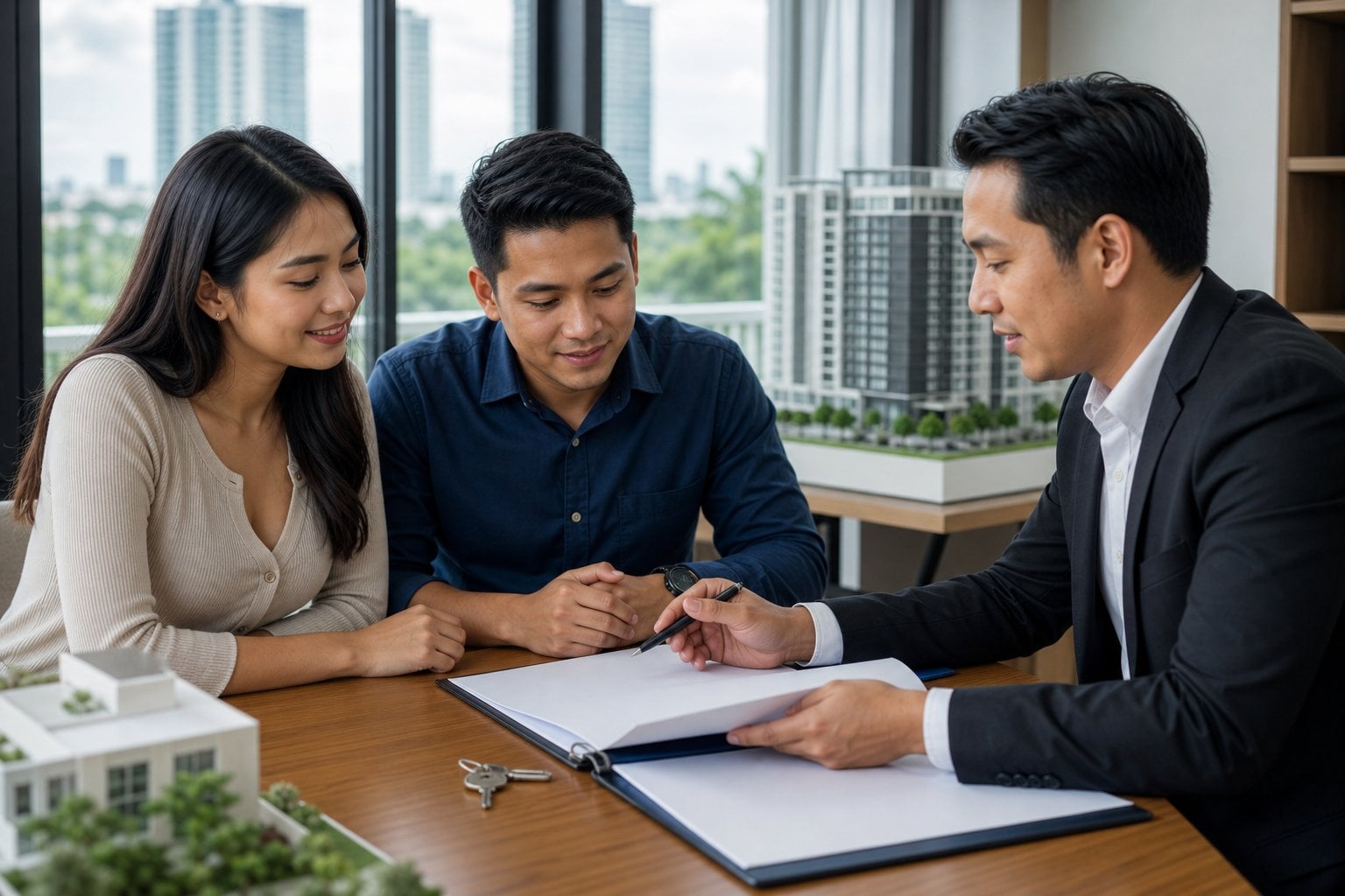A Filipino couple reviews blank property documents with a real estate professional in a bright office.